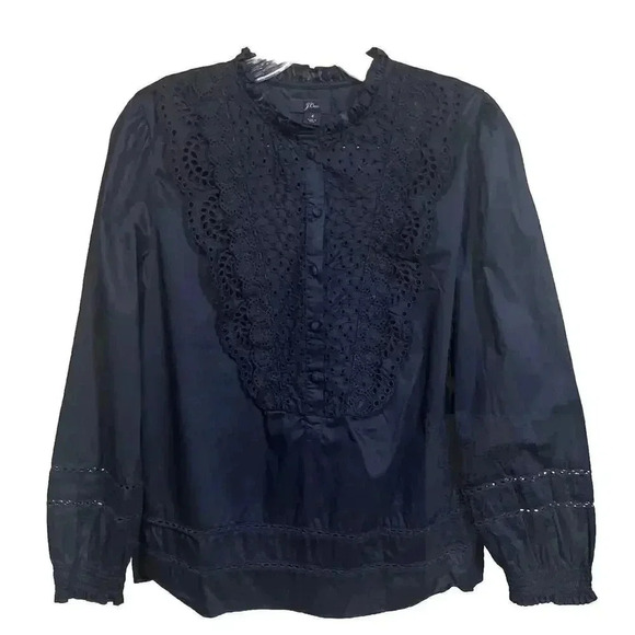 J Crew Top Womens Small Black Ruffle Neck Eyelet Cotton Long Sleeve Cottagecore - Picture 1 of 11